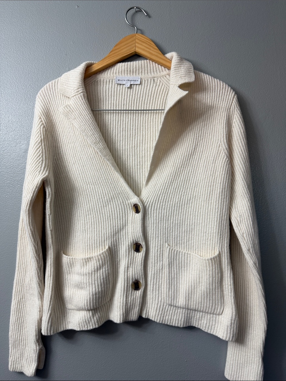 White + Warren Cream Ribbed Button-Front Cardigan Blazer large